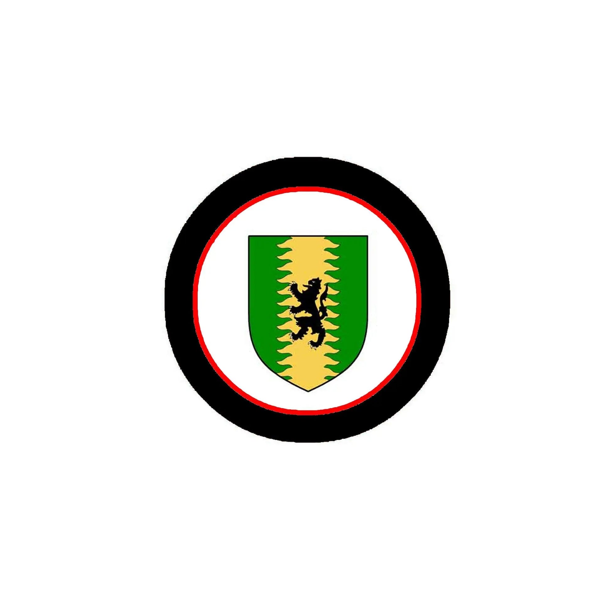 Round pinback badge with black border, red ring, and green-and-yellow shield crest