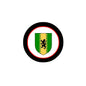 Round pinback badge with black border, red ring, and green-and-yellow shield crest