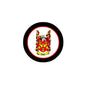 Round coat of arms pinback with black border and colorful Eden crest