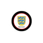 Round Denmark coat of arms pinback badge with black rim and red border ring