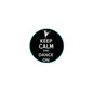 Round black button pin with teal edge, white text 'Keep Calm and Dance On'