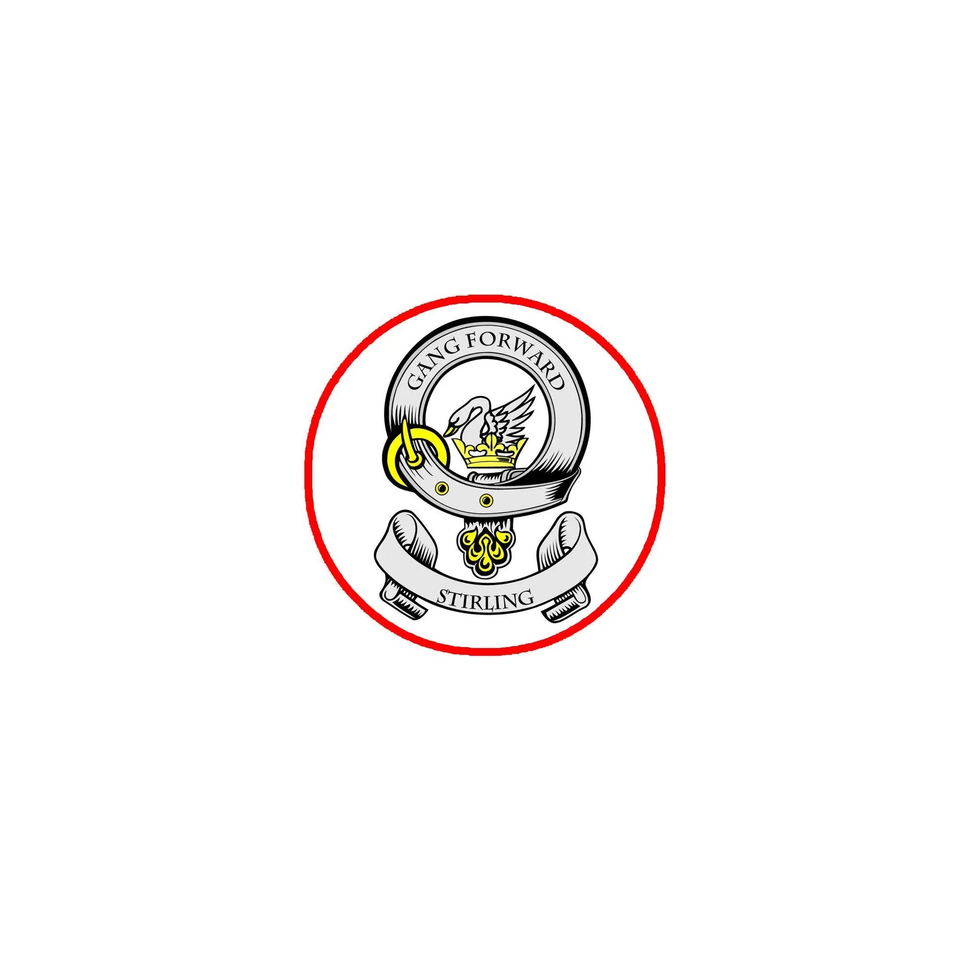 Round Stirling family crest pin badge with red border and shield graphic