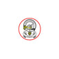 Round Stirling family crest pin badge with red border and shield graphic