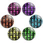 Skull pattern pinback button badges set, six round pins in purple, orange, blue, yellow, green
