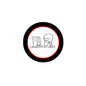 Round cartoon meme button pin with black edge, red ring, and computer character in white