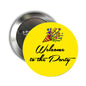 2.25-inch pinback button with yellow 'Welcome to the Party' design and party hat graphics