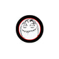 1.25-inch pinback button badge with black rim and laughing cartoon face