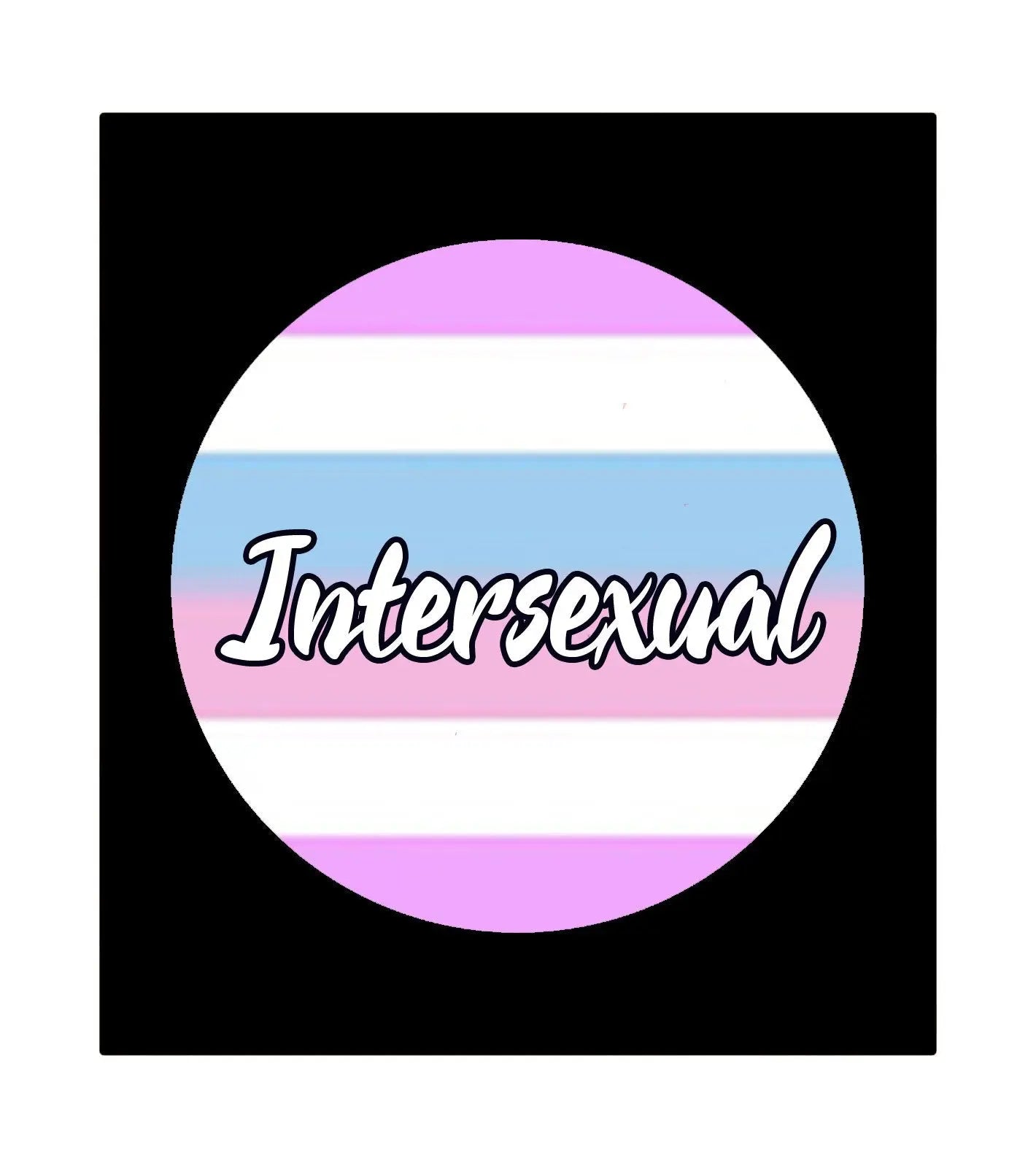 Round fridge magnet with intersexual text and purple, pink, and blue flag stripes