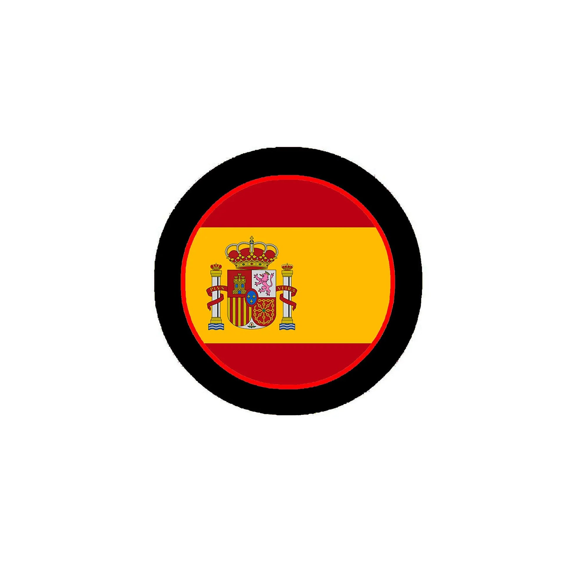 Spain flag pinback button, circular black border with red-yellow flag center