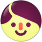 Round emoticon pinback button, purple hair and smiling face on yellow