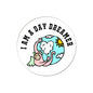Round pinback button: 'I AM A DAY DREAMER' text with illustrated globe, clouds, and star