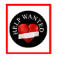 1.25-inch pinback button with black face, 'HELP WANTED' text, red broken heart and white tape