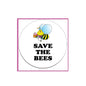 Save the Bees circular sticker with yellow striped bee and bold black text