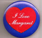 1.25-inch pinback button with blue background, red heart, 'I Love Margaret' text