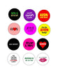 Round AVON pinback buttons, colorful text slogans on assorted circle designs.