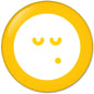 Round yellow pinback button with face emoticon: closed eyes and dot mouth
