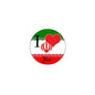 Round enamel pin with red heart and 'I Love Iran' text on green, white, red