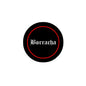 2.25-inch round rubber pinback badge, black with red border and Borracha text