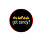 Round black candy badge pinback with red border, colorful candy icons, text 'dot candy?'