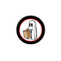 Halloween ghost pinback button with cartoon ghost holding treat bag in a white circle