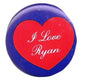 Blue pinback button with red heart: 'I Love Ryan'