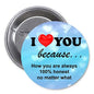 Heart-shaped I love you keychain pin with red heart and blue text backing