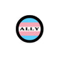 Circular ally flag badge pin with blue and pink stripes and 'ALLY' text