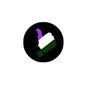 Round pride flag thumbs-up pinback badge with black border, purple and green stripes
