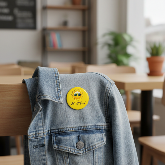 A round yellow pin badge with a smiling sun and the text 'It's All Good' pinned to the back of a light blue denim jacket, which is draped over a wooden chair in a cafe setting.