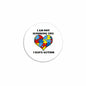 Round pinback button with black border, white center, and puzzle-heart autism message