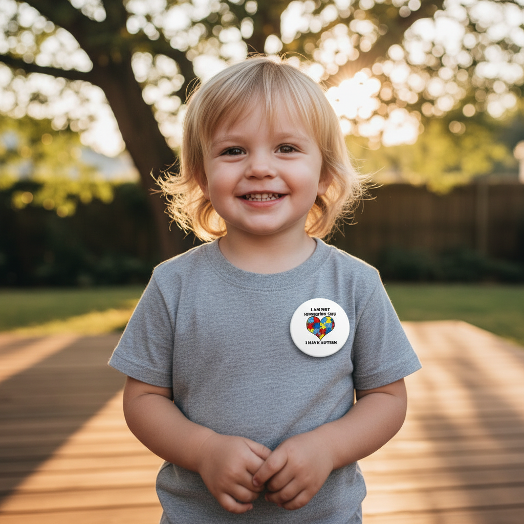 Round pinback button with quote and autism awareness text, worn on a gray shirt