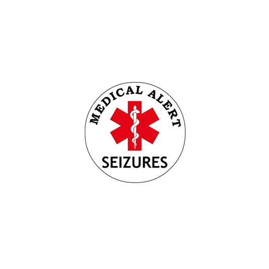 Round medical alert seizures pinback with red caduceus and MEDICAL ALERT text
