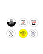 Set of 6 round vegan animal rights pinback buttons with black, yellow, and white slogans