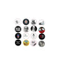 Set of 16 round pinback buttons with assorted illustrated designs, black and white tones
