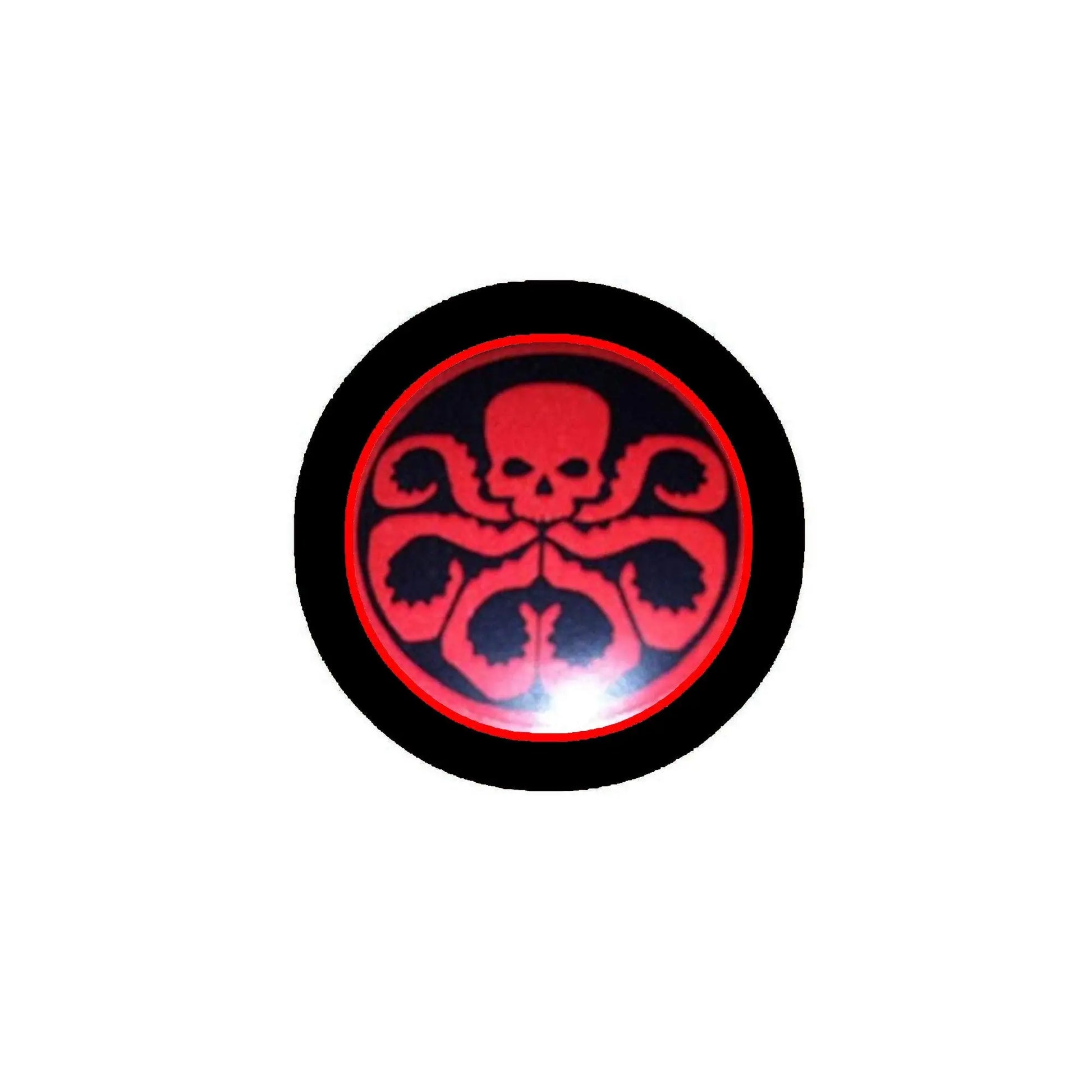 1.25-inch pinback button with black border and red skull hydra logo