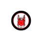 Round black-framed coat of arms pinback with red shield and white banner, Essex crest