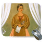 Frida Kahlo mouse pad with self-portrait painting of woman in brown dress holding flowers