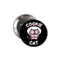 Round black cookie cat pinback button with pink lettering and cartoon cat face