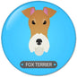 Fox Terrier cartoon pinback button with brown dog face and “FOX TERRIER” text