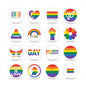 Set of rainbow Pride pinback buttons with gay emblem, assorted circle and heart shapes
