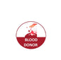 Circular blood donor pin with red border, hand holding heart, and BLOOD DONOR text