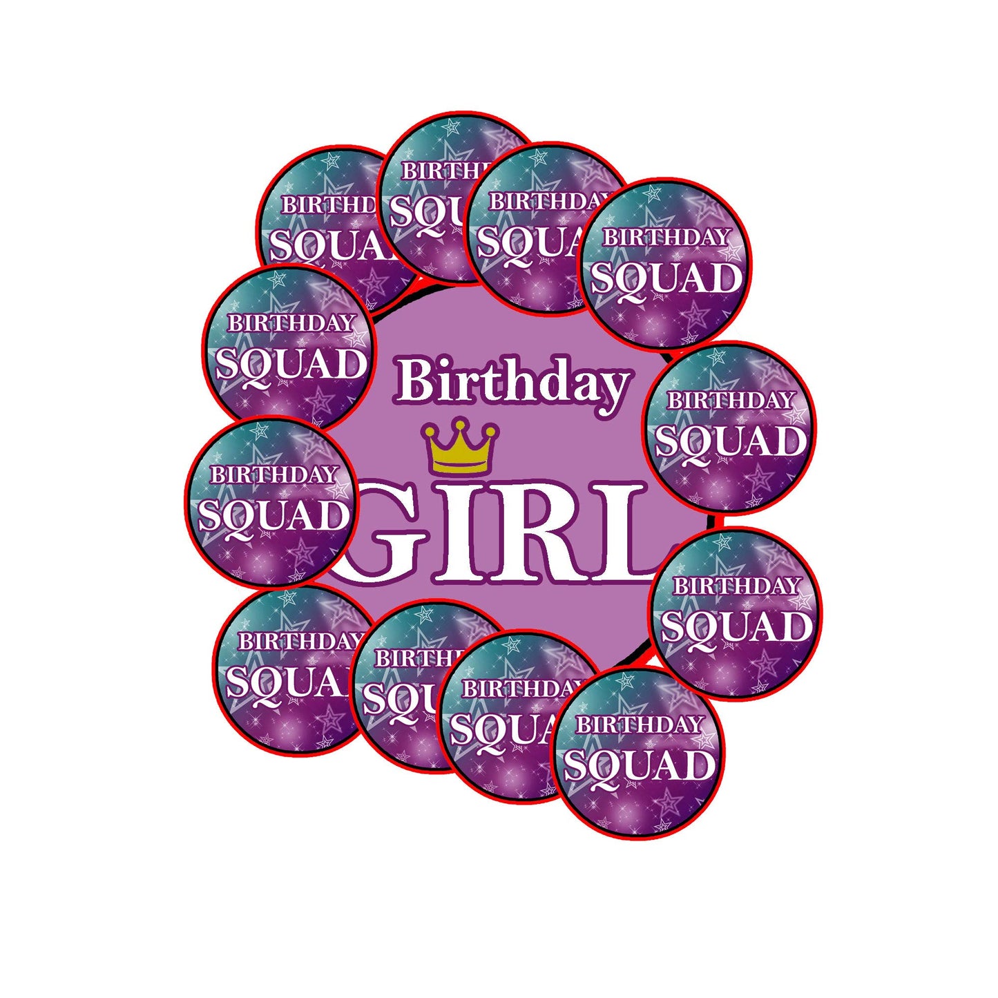 Birthday Girl 3" and 15 pcs Birthday Squad 1.25" Pinback for Jackets, Backpacks, etc. blue