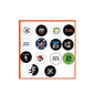 Set of 14 round rock-and-roll pinback buttons with assorted black-and-white designs