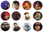 Set of circular Elvis Presley button pins with red, black, and portrait designs