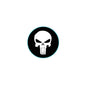 Round skull lapel pin with black-and-white skull on dark background, teal border
