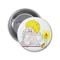 Round pinback button badge with angel illustration, yellow hair, white background and flame detail