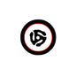 Round pinback button with black border, red ring, white center, black icon