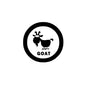 Goat pinback button badge with black border, goat silhouette and “GOAT” text