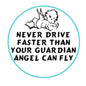 2.25-inch round pinback button with angel graphic and teal border, black text design