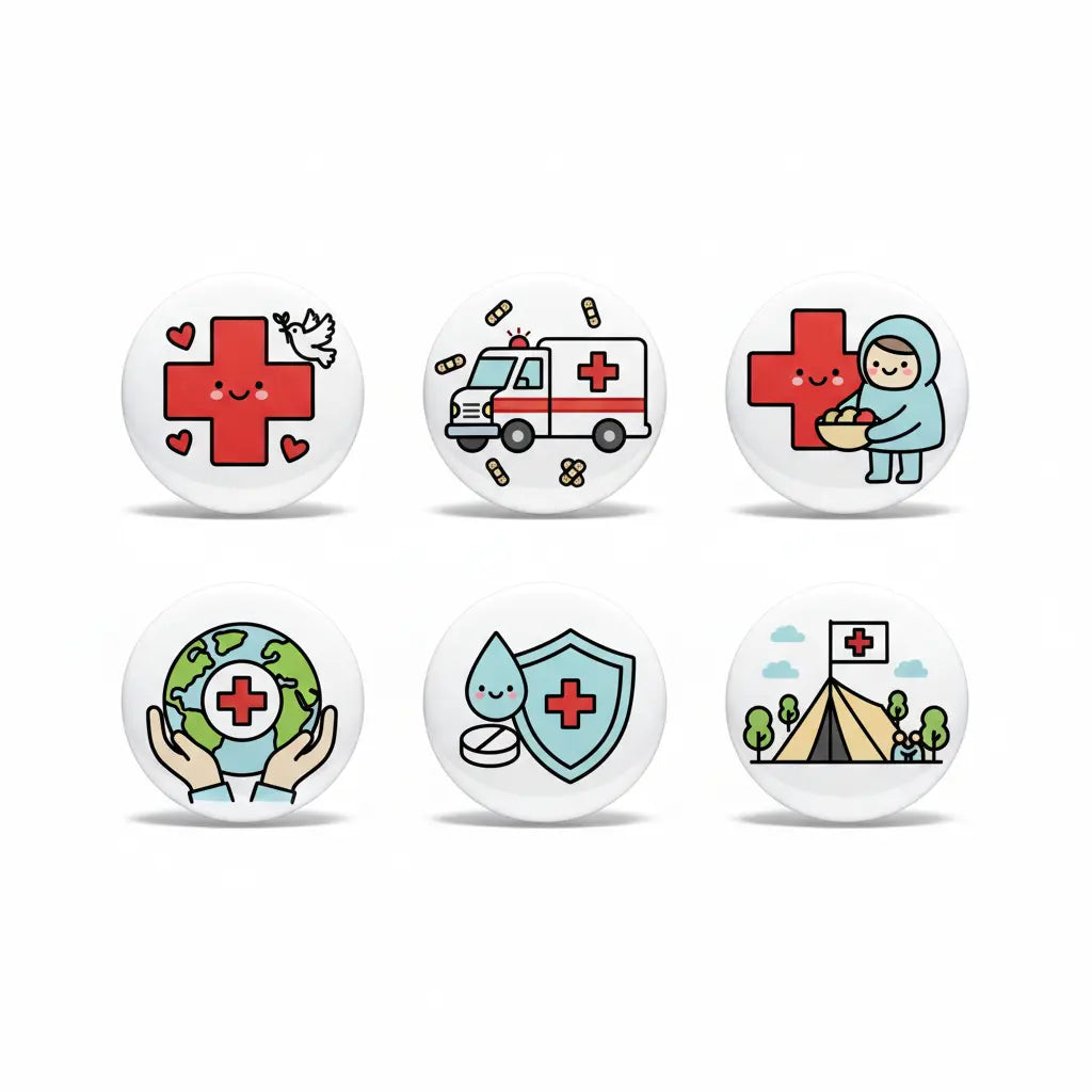 Six red cross themed round reel icons featuring hearts, ambulance, nurse, globe, shield